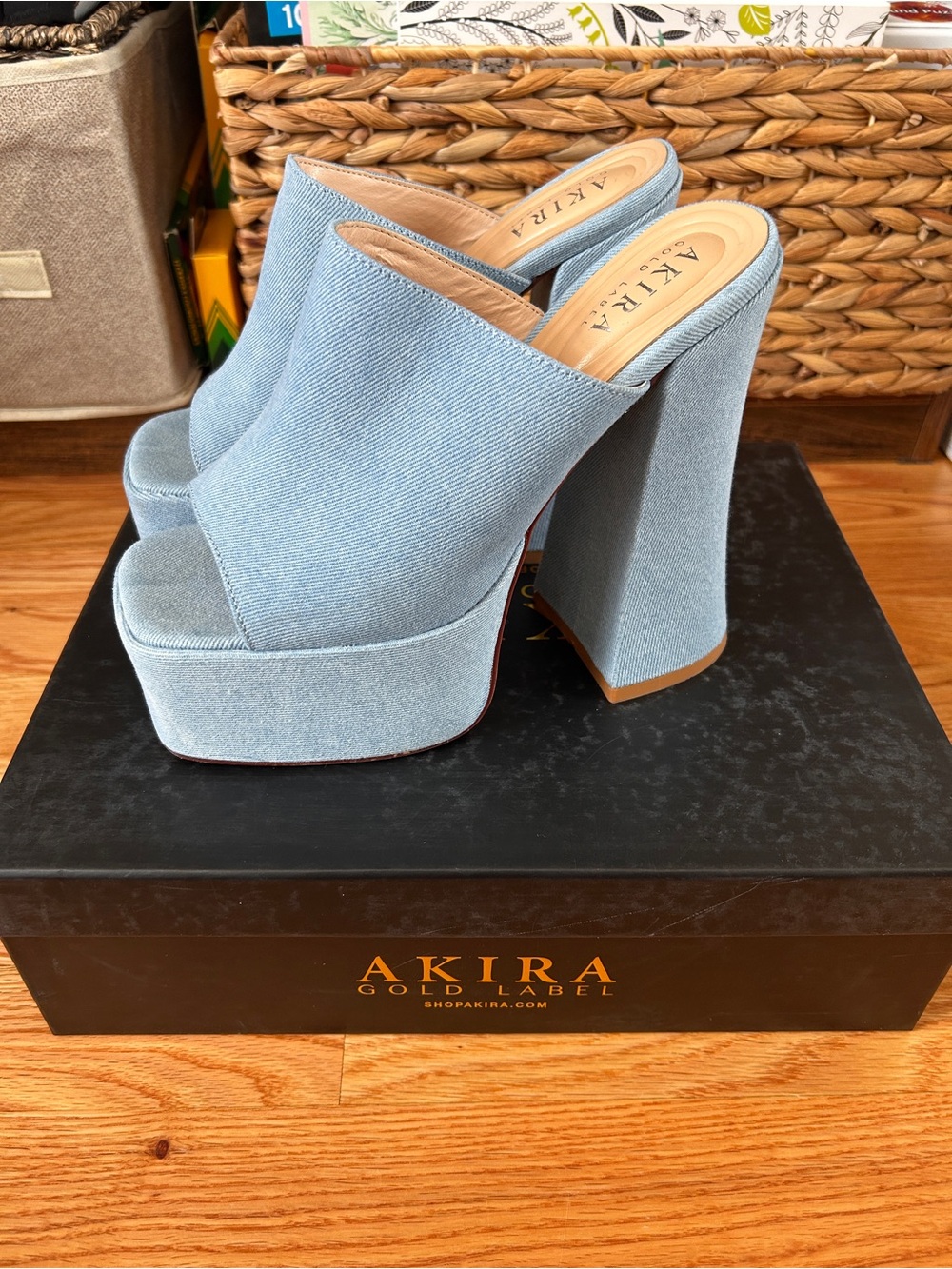 AKIRA Light Blue Denim Platform Mule Heels